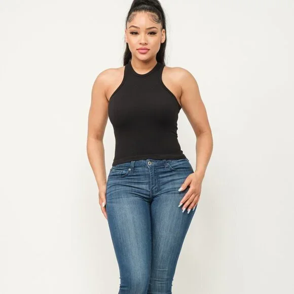 T3-Fine Ribbed High Neck Tank Top- NWT- White M/L - Picture 3 of 4